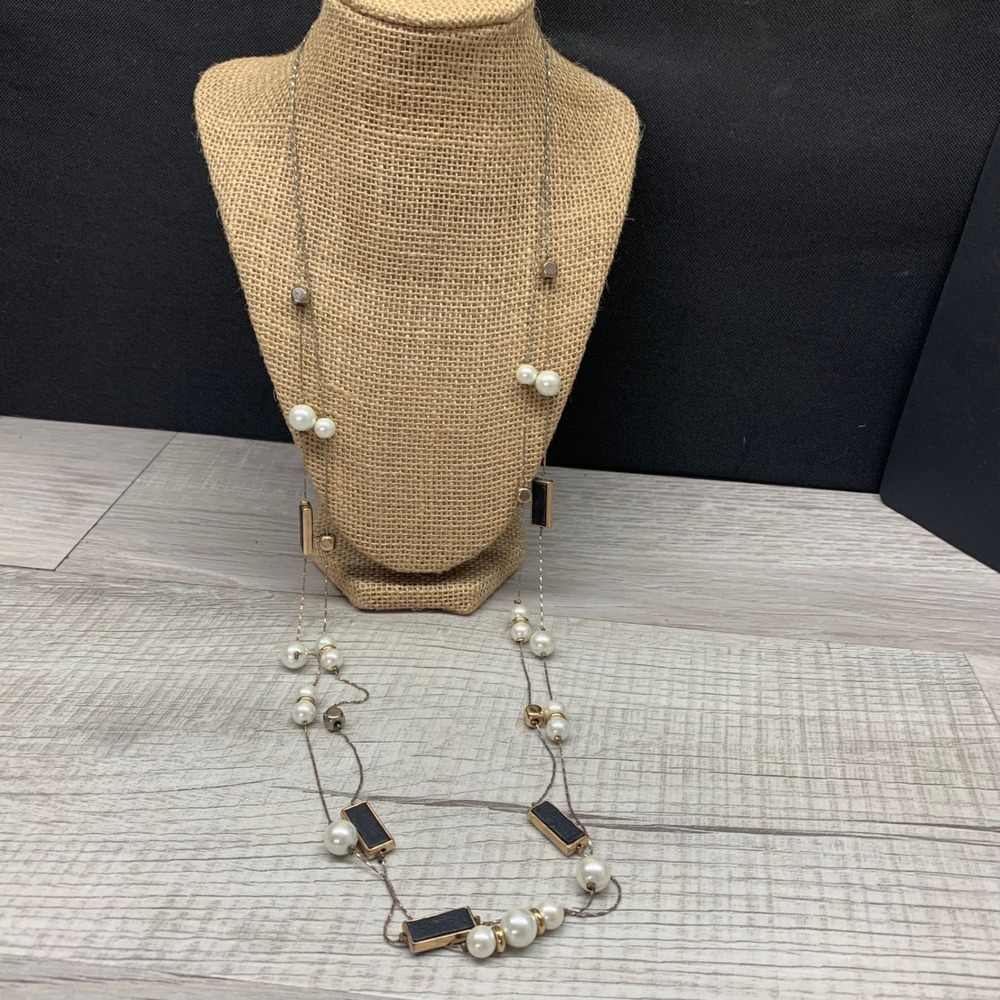 New York & Company Faux Pearl Black Station Long Gold Tone Necklace 34 Inch